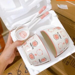 Set Bát Sứ 4 Chi Tiết Heo Hồng Đóng Xốp